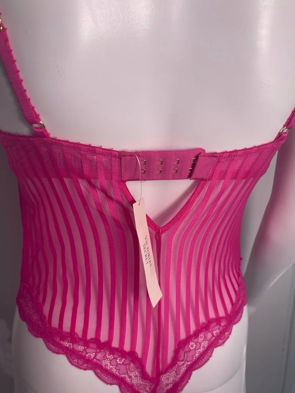 Victoria's Secret Women’s Fuchsia Striped Lace-Trim Bodysuit 100% Cotton Size SP